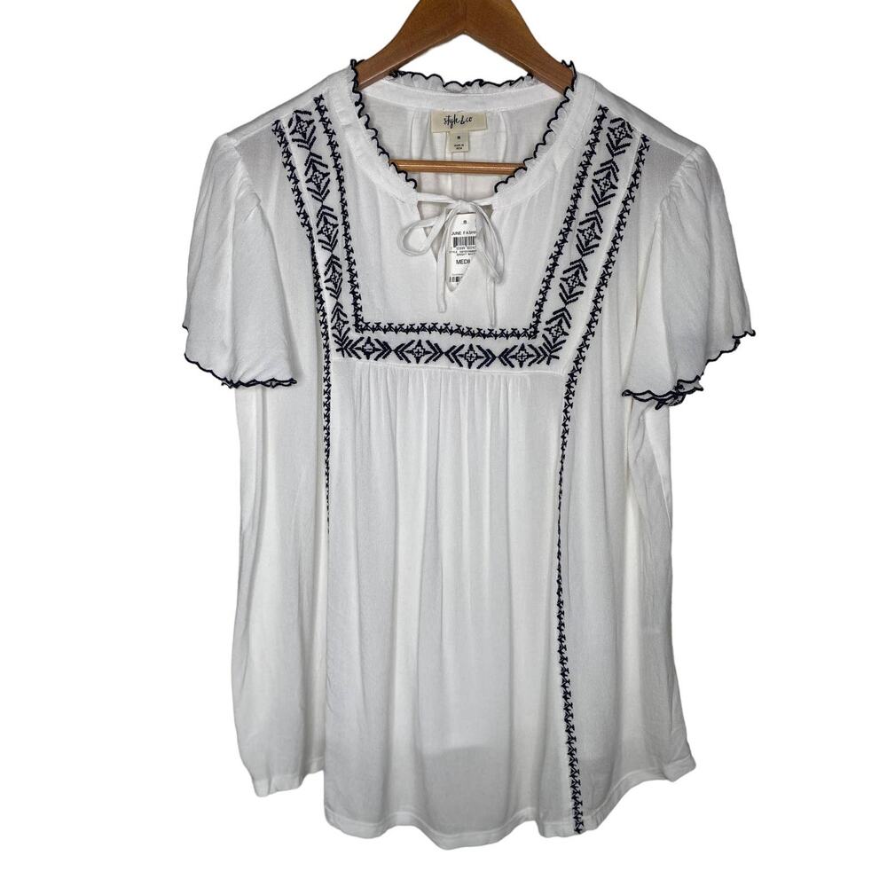 Style & Co White top with black embroidery M peasant top